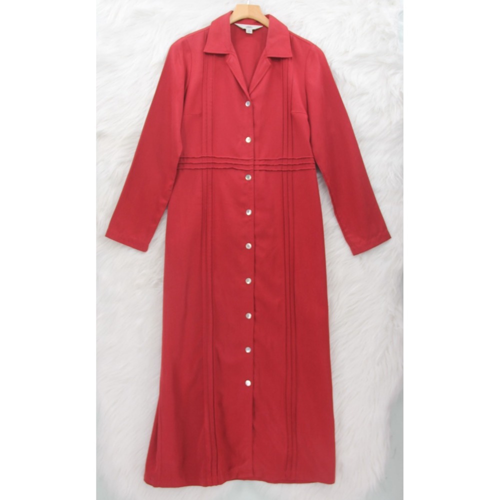 VTG AKS Amy K Su Red Tencel Maxi Shirt Dress Shell Button Up Lagenlook Art Sz M